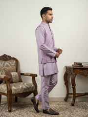 Men Cotton Blend Printed Nehru Jacket Kurta Set ( 65KPWC 5586L 4162Purple )