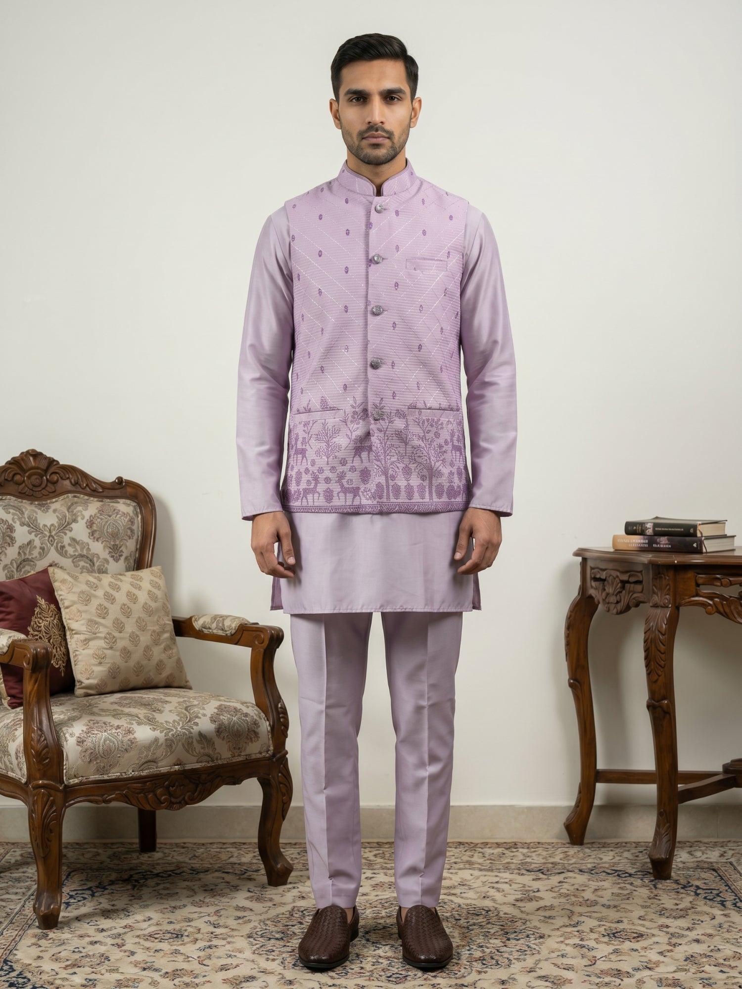 DesiQlo Men Printed Nehru Jacket and Kurta Pyjama Set - - 65KPWC_5586L
