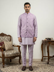 Men Cotton Blend Printed Nehru Jacket Kurta Set ( 65KPWC 5586L 4162Purple )