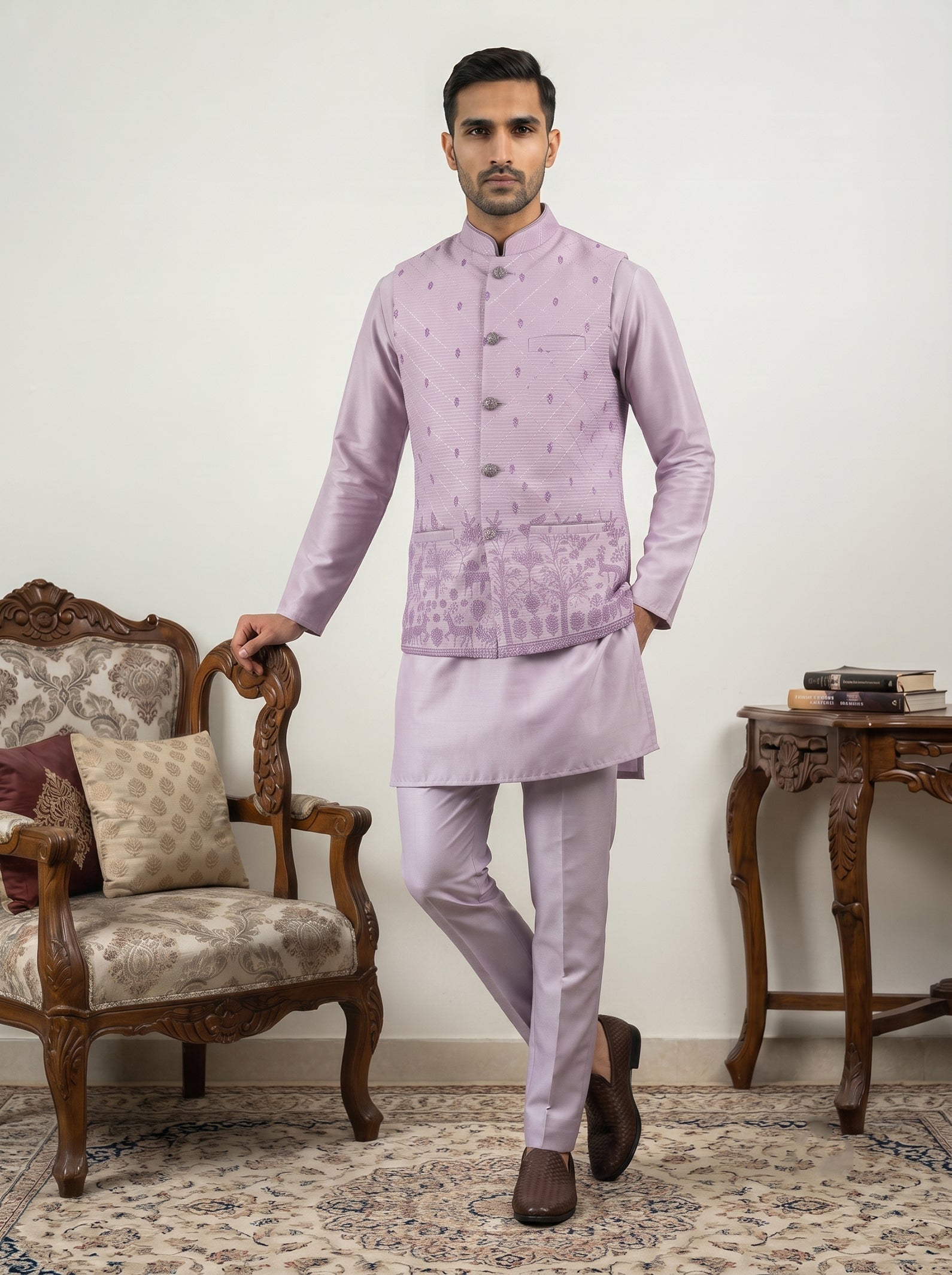 DesiQlo Men Printed Nehru Jacket and Kurta Pyjama Set - - 65KPWC_5586L