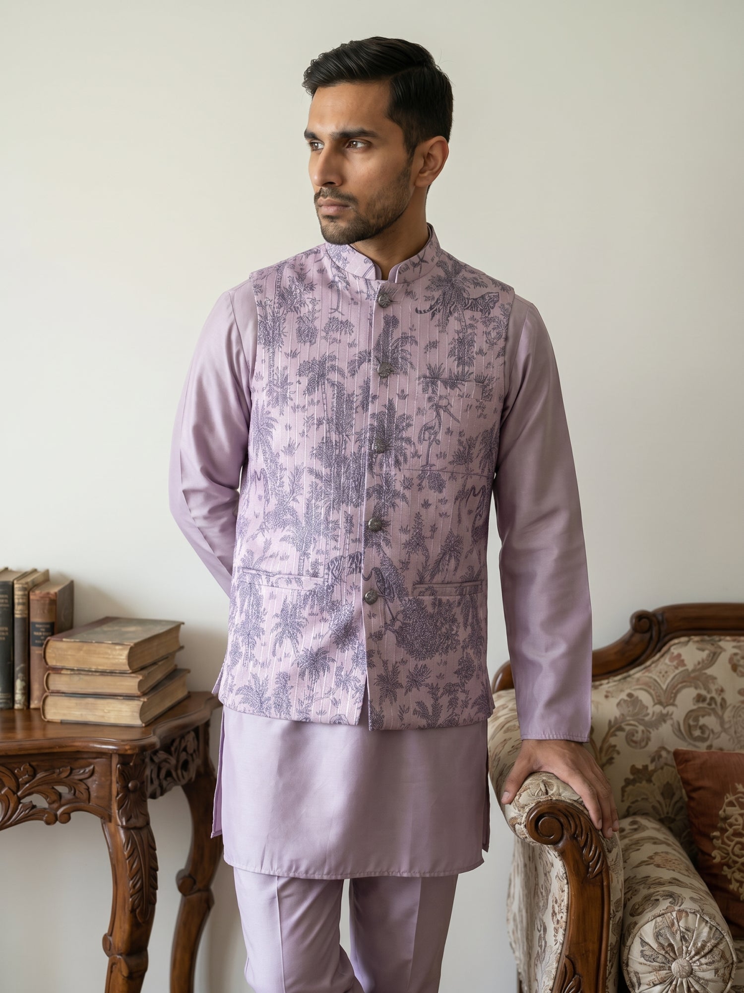 DesiQlo Men Printed Nehru Jacket and Kurta Pyjama Set - - 65 purple