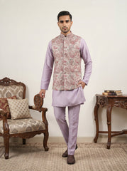 Men Embroidered Ethnic Nehru Jacket with Kurta & Pyjama Set ( 65KPWC 5586L 4164Peach )