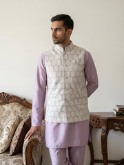Men Embroidered Cotton Blend Nehru Jacket with Kurta Pyjama Set ( 65KPWC 5586L 4171Off-White )