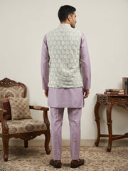 Men Embroidered Cotton Blend Nehru Jacket with Kurta Pyjama Set ( 65KPWC 5586L 4171Off-White )