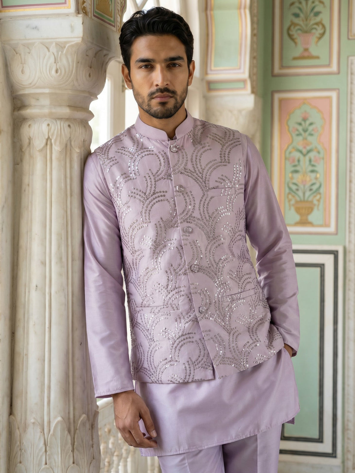Men's Designer Sequins Nehru Jacket with Kurta Pyjama ( 65KPWC 5586L 4173Lavender )