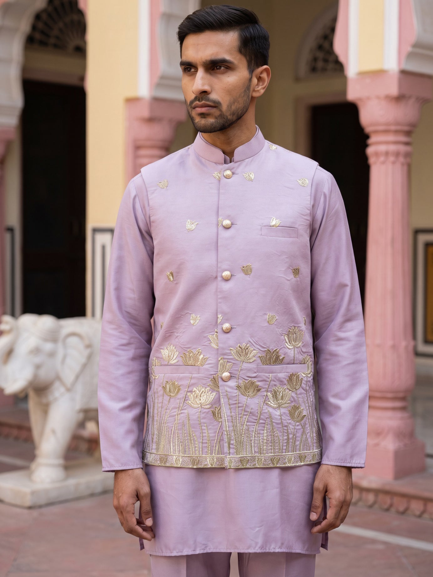DesiQlo Men Embroidered Nehru Jacket and Kurta Pyjama S - 65KPWC_5586L
