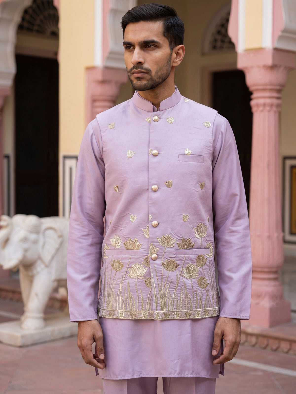 Embroidered Nehru Jacket With Kurta Pyjama Set ( 65KPWC 5586L 4181Lavender )