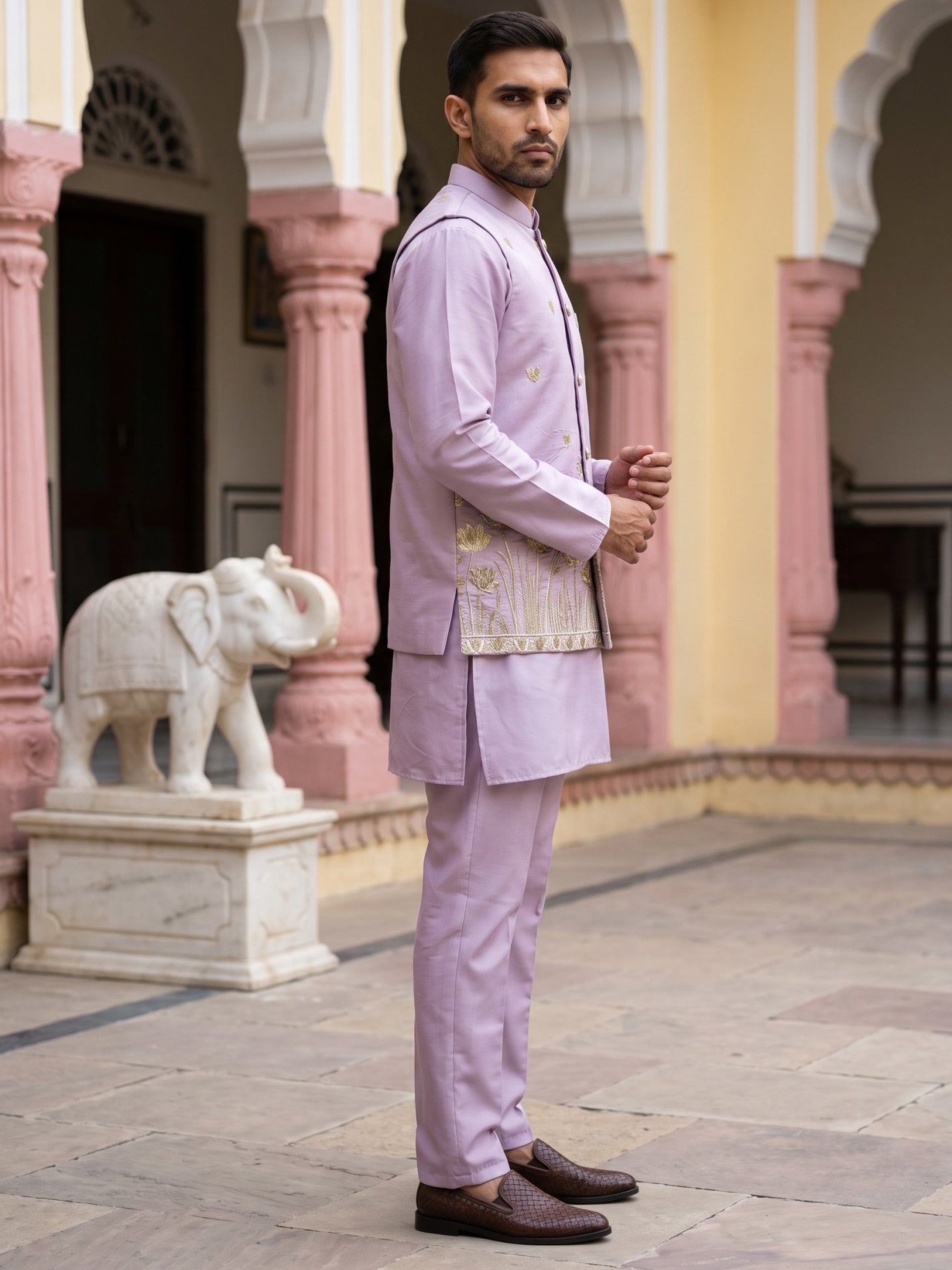 DesiQlo Men Embroidered Nehru Jacket and Kurta Pyjama S - 65KPWC_5586L
