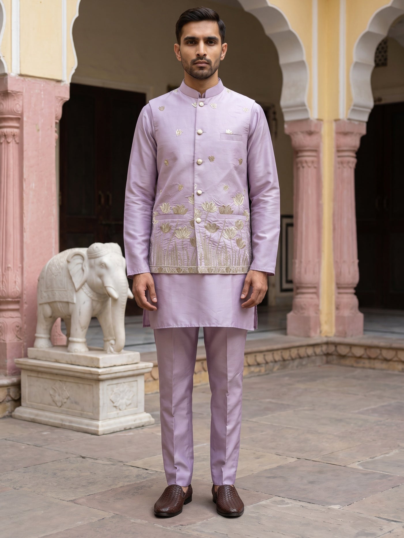 DesiQlo Men Embroidered Nehru Jacket and Kurta Pyjama S - 65KPWC_5586L