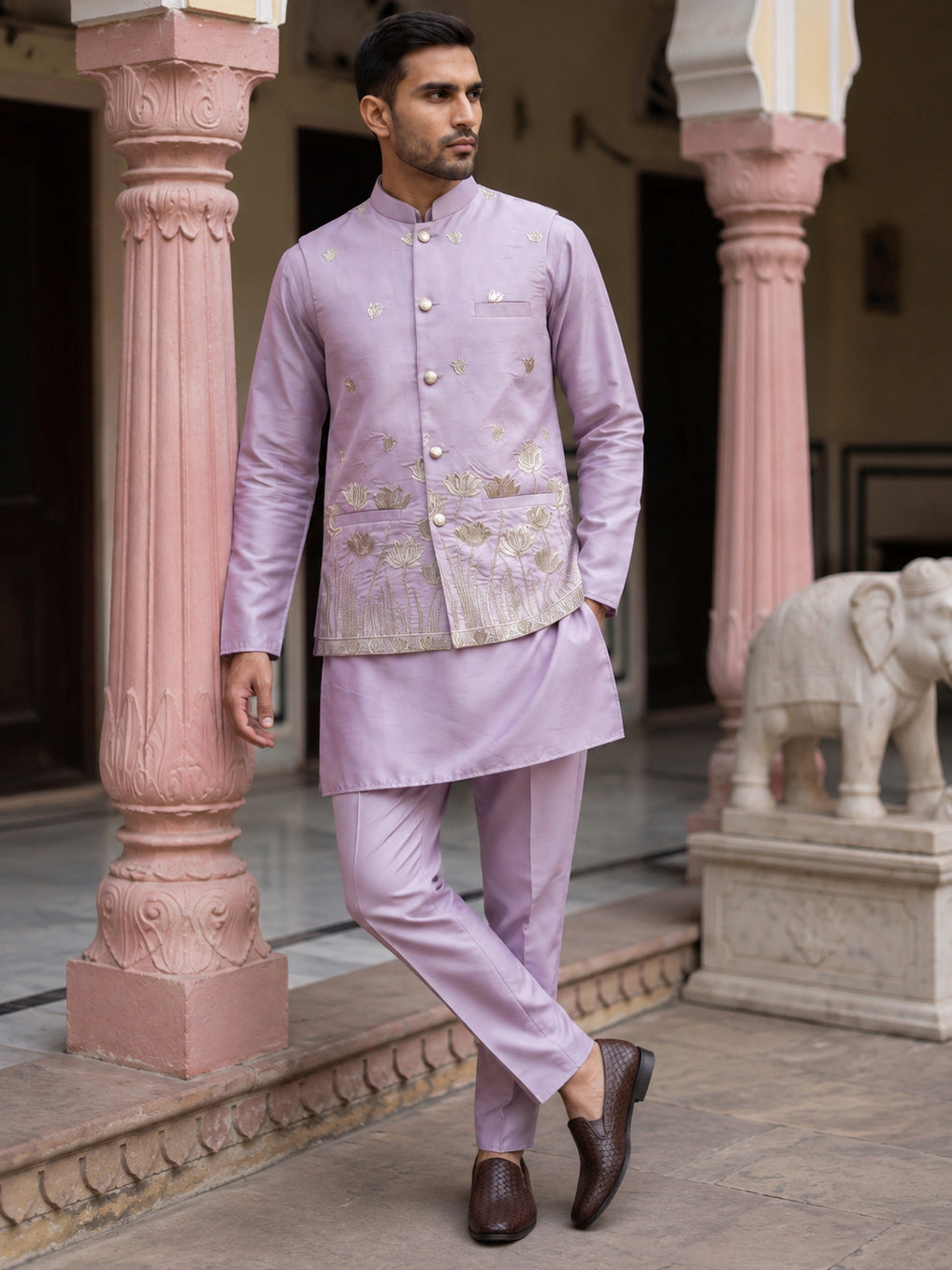 DesiQlo Men Embroidered Nehru Jacket and Kurta Pyjama S - 65KPWC_5586L