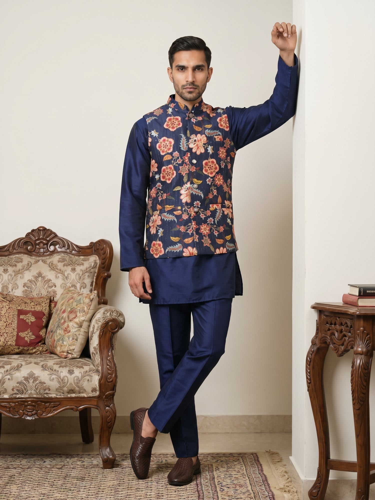 DesiQlo Men Printed Nehru Jacket and Kurta Pyjama Set - - 65KPWC_5586N