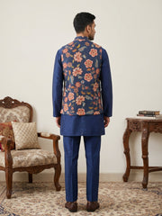 Men's Floral Printed Nehru Jacket with Kurta Pyjama Set ( 65KPWC 5586N 4160Navy )