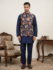 Men's Floral Printed Nehru Jacket with Kurta Pyjama Set ( 65KPWC 5586N 4160Navy )