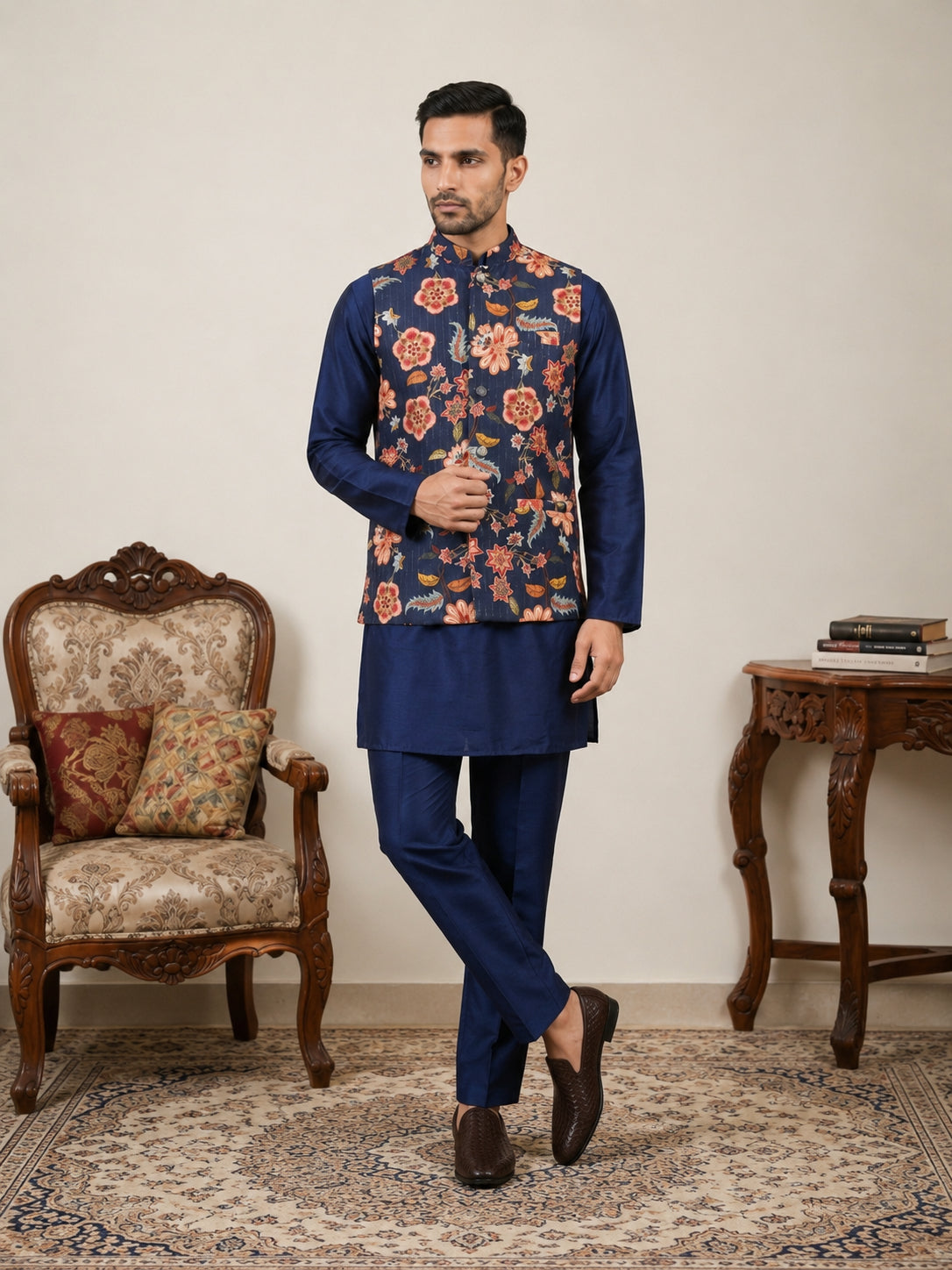 DesiQlo Men Printed Nehru Jacket and Kurta Pyjama Set - - 65KPWC_5586N
