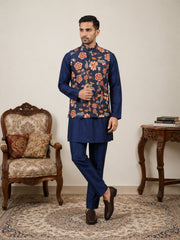 Men's Floral Printed Nehru Jacket with Kurta Pyjama Set ( 65KPWC 5586N 4160Navy )