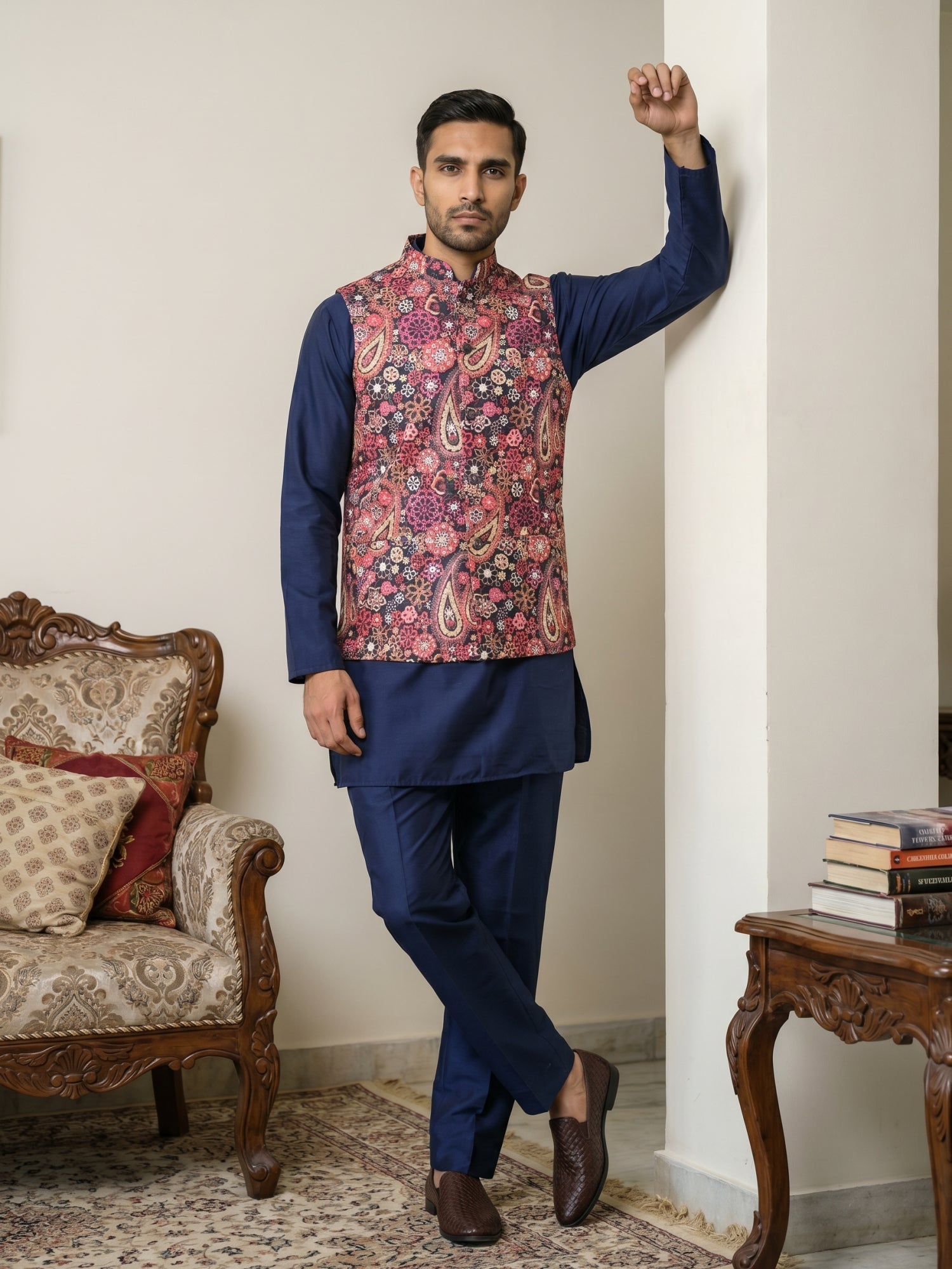 DesiQlo Men Printed Nehru Jacket and Kurta Pyjama Set.. - 65KPWC_5586N