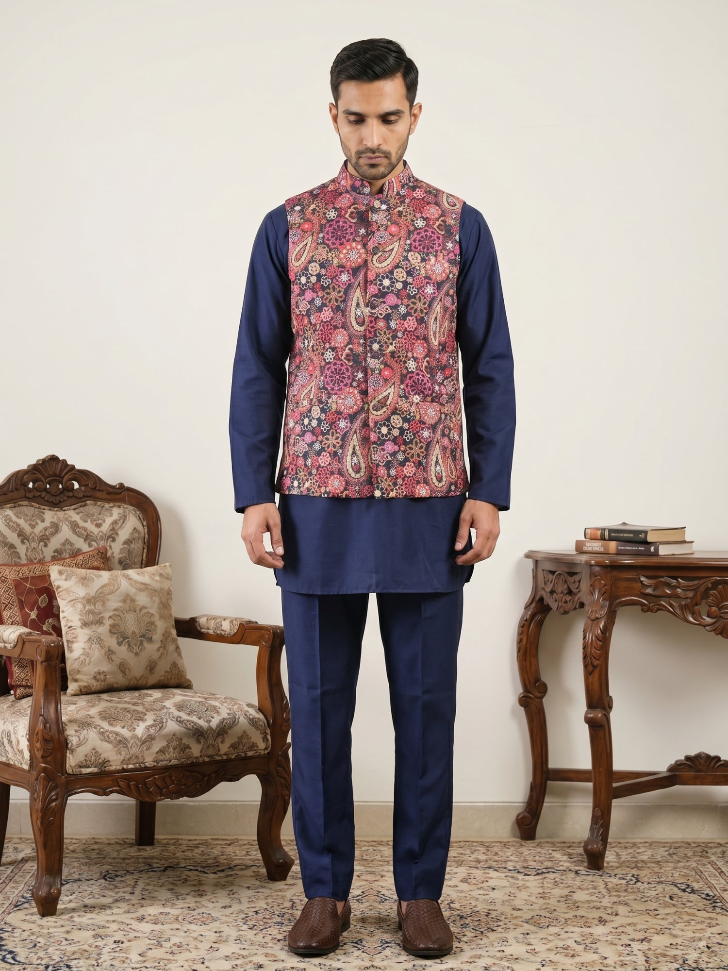DesiQlo Men Printed Nehru Jacket and Kurta Pyjama Set.. - 65KPWC_5586N