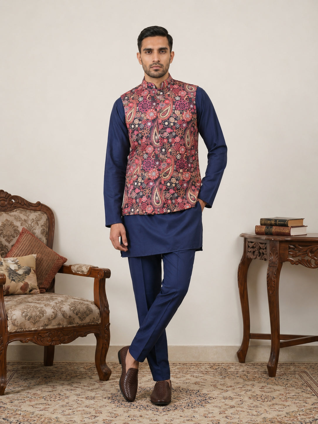 DesiQlo Men Printed Nehru Jacket and Kurta Pyjama Set.. - 65KPWC_5586N