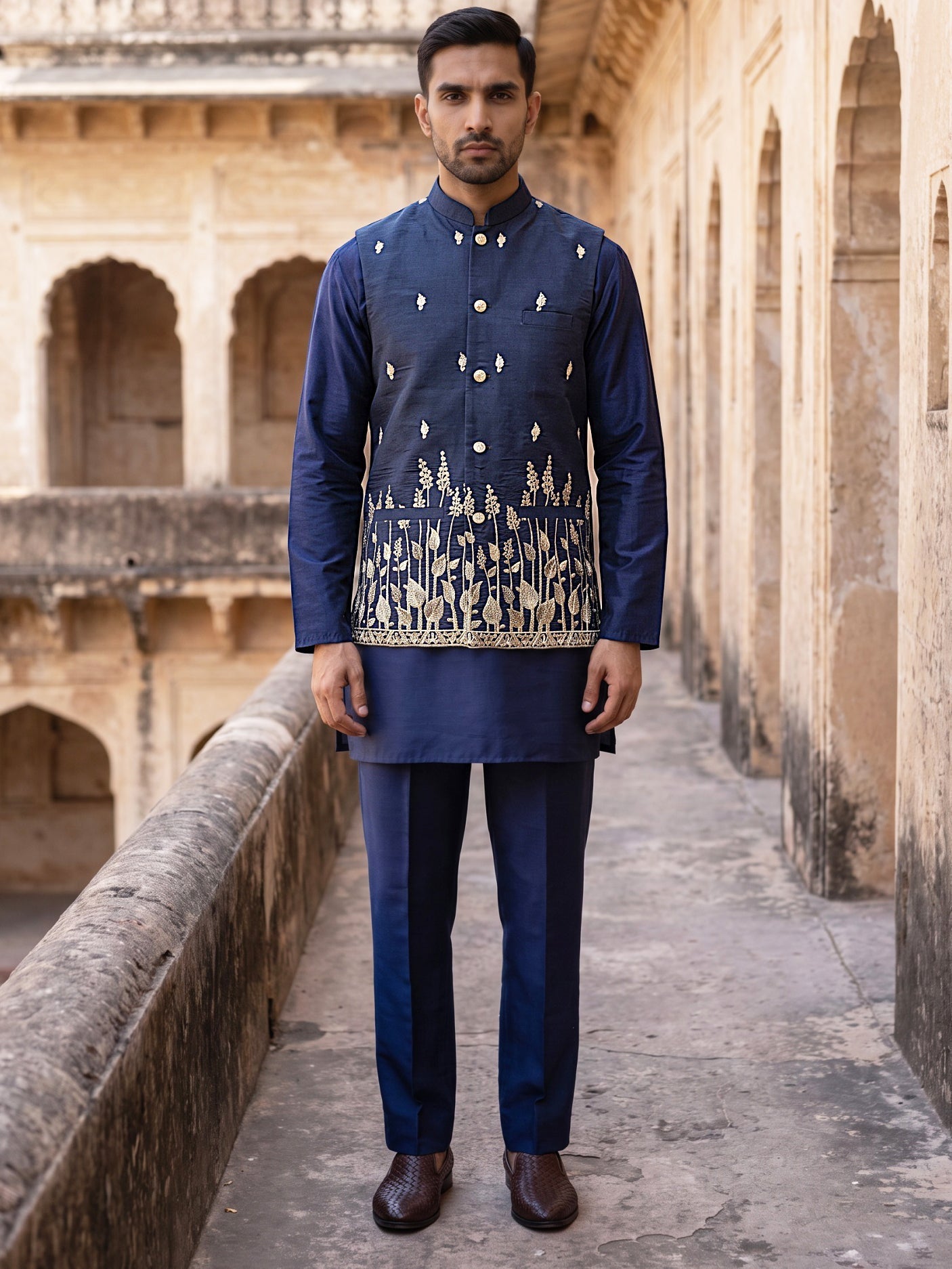 DesiQlo Men Embroidered Nehru Jacket and Kurta Pyjama S - 65KPWC_5586N