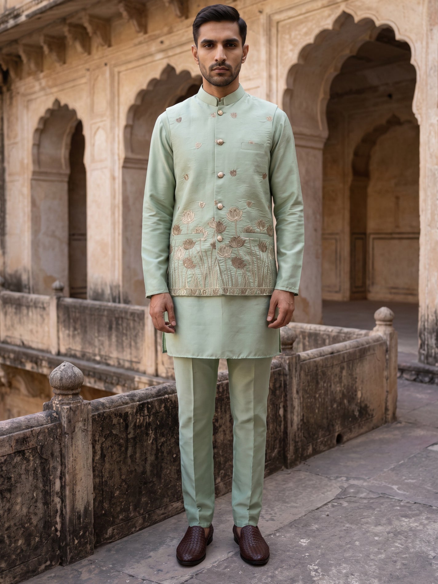 DesiQlo Men Embroidered Nehru Jacket and Kurta Pyjama S - 65KPWC_5586P