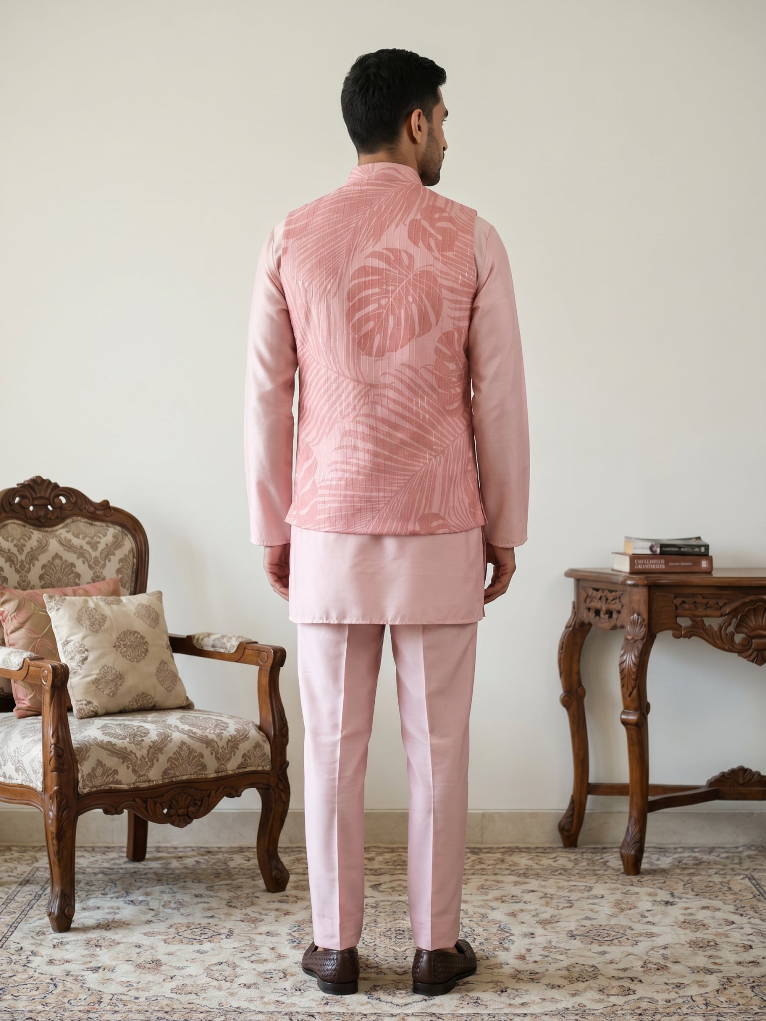 DesiQlo Men Printed Nehru Jacket and Kurta Pyjama Set - - 65KPWC_5586P