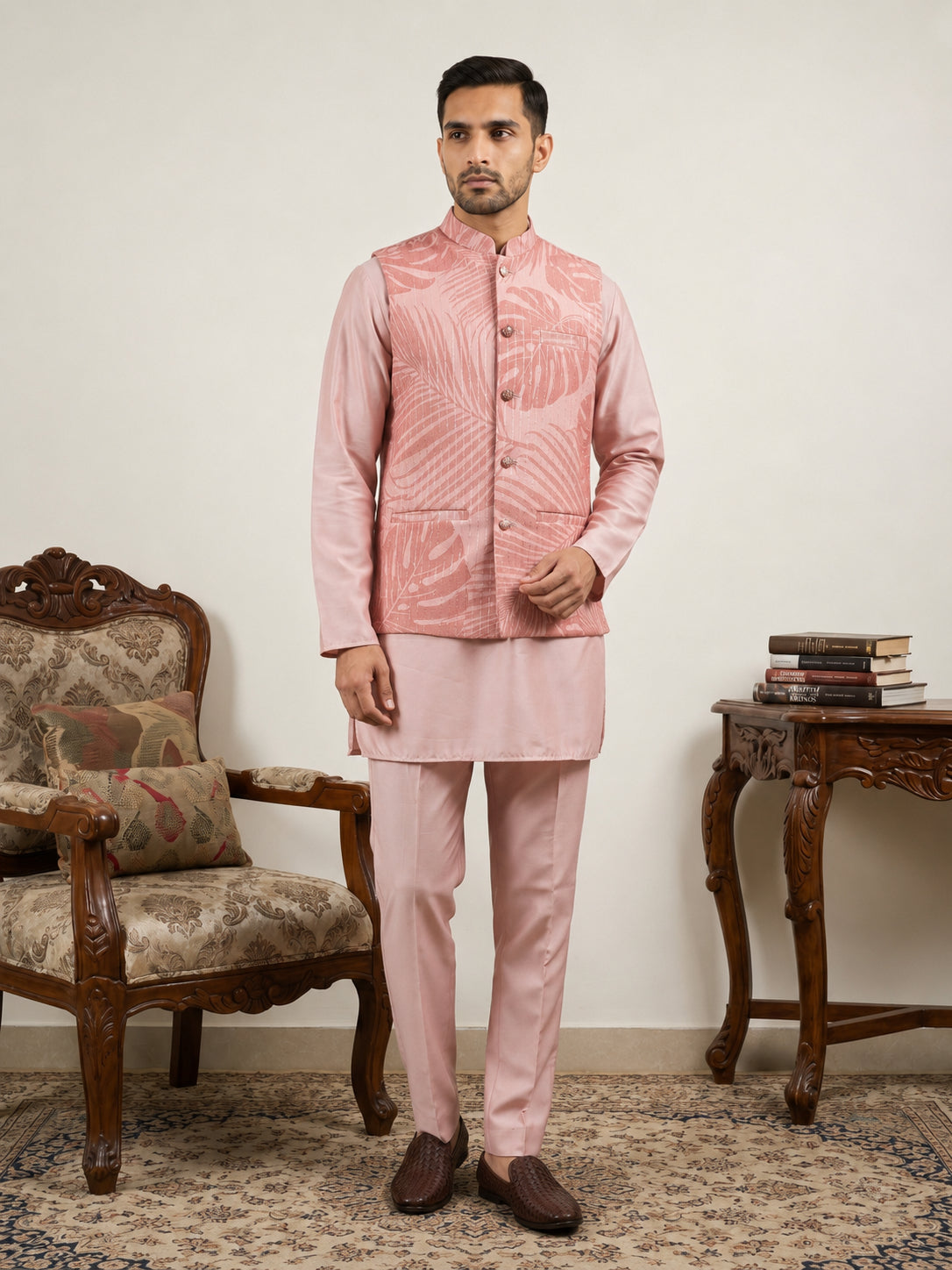 DesiQlo Men Printed Nehru Jacket and Kurta Pyjama Set - - 65KPWC_5586P