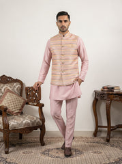 Men Cotton Blend Woven Nehru Jacket with Kurta Set ( 65KPWC 5586Pe 4161Peach )