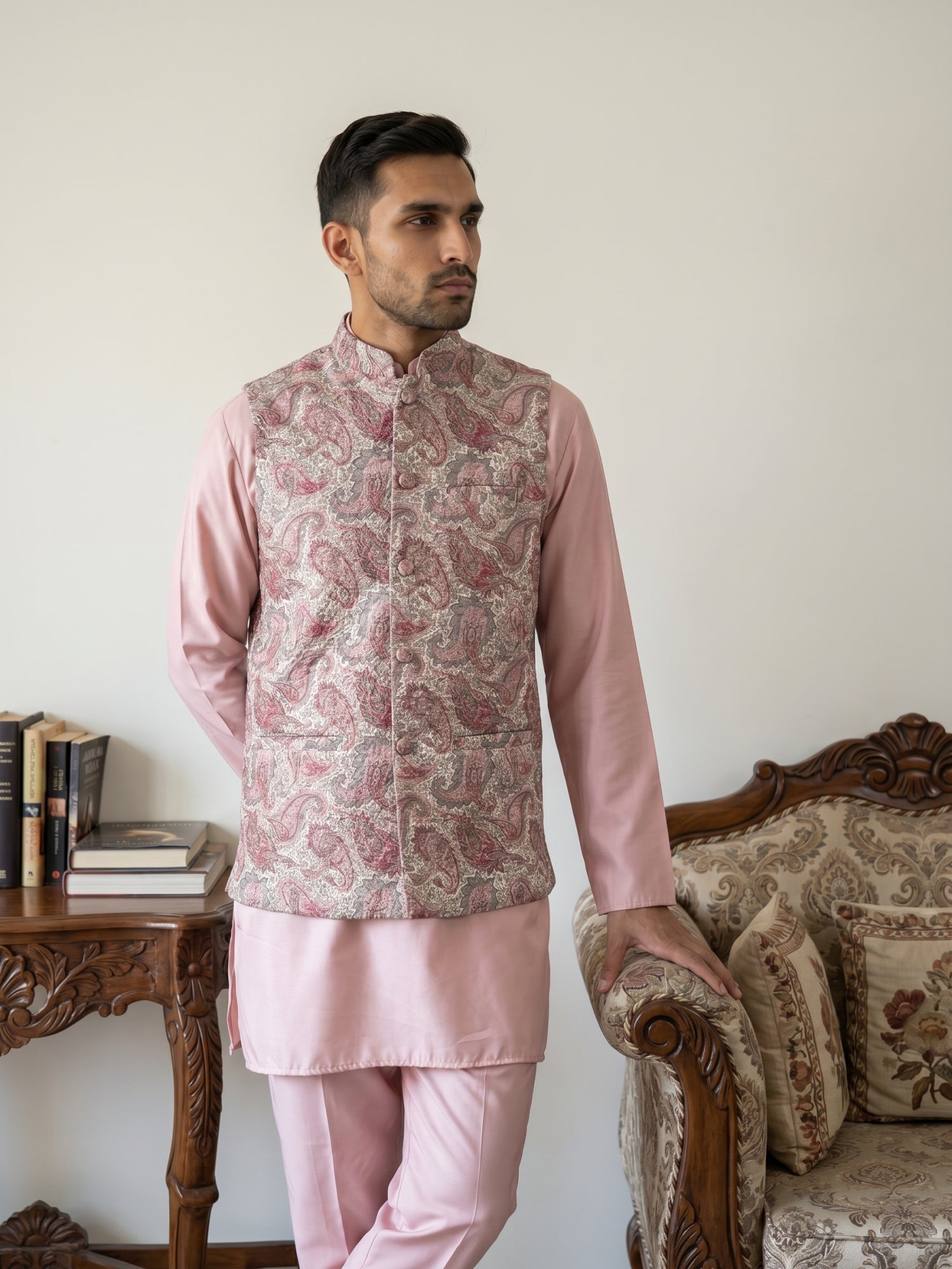 DesiQlo Men Embroidered Nehru Jacket and Kurta Pyjama S - 65 4peach