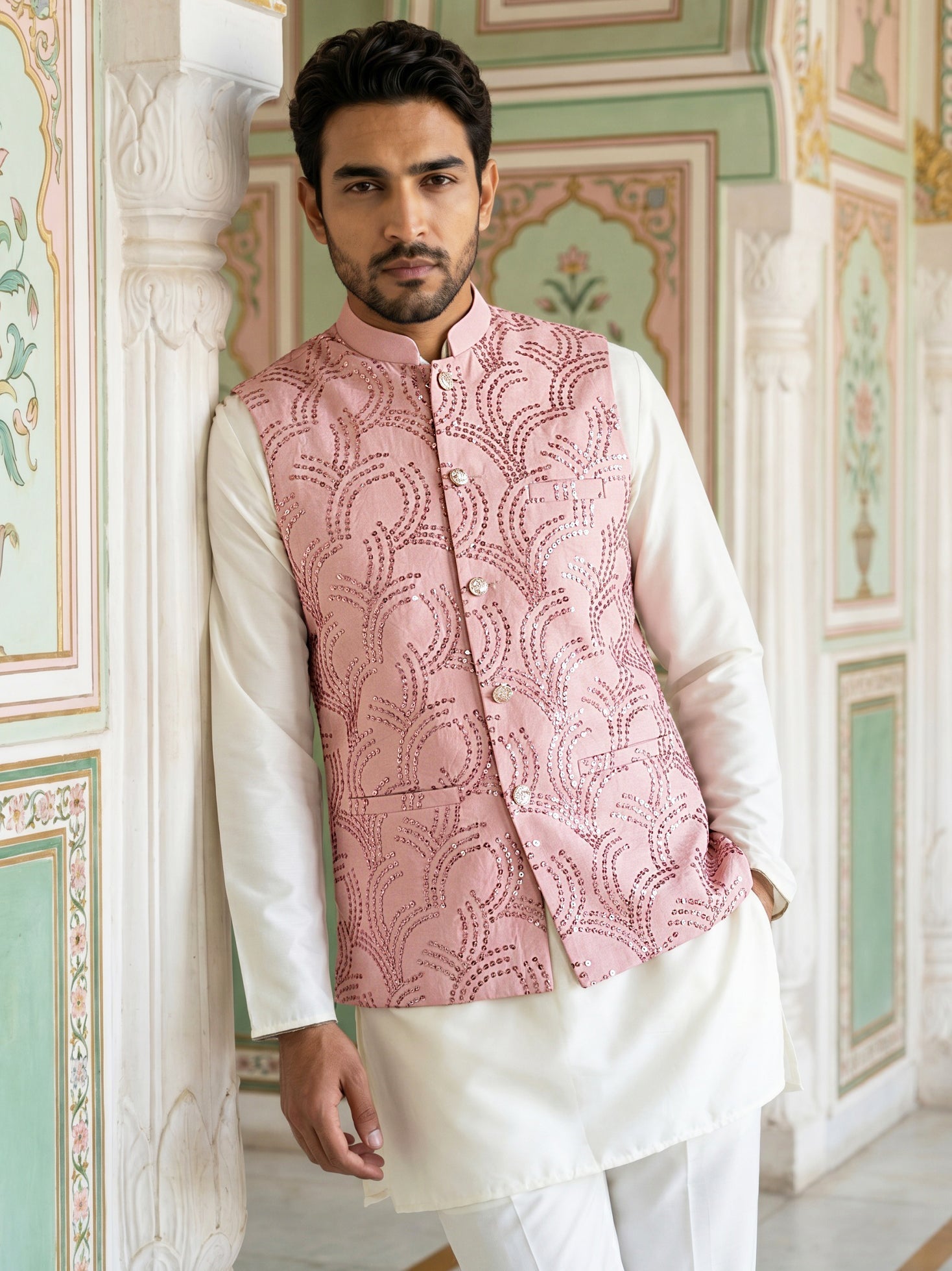 DesiQlo Men Embroidered Nehru Jacket and Kurta Pyjama S - 65 3peach