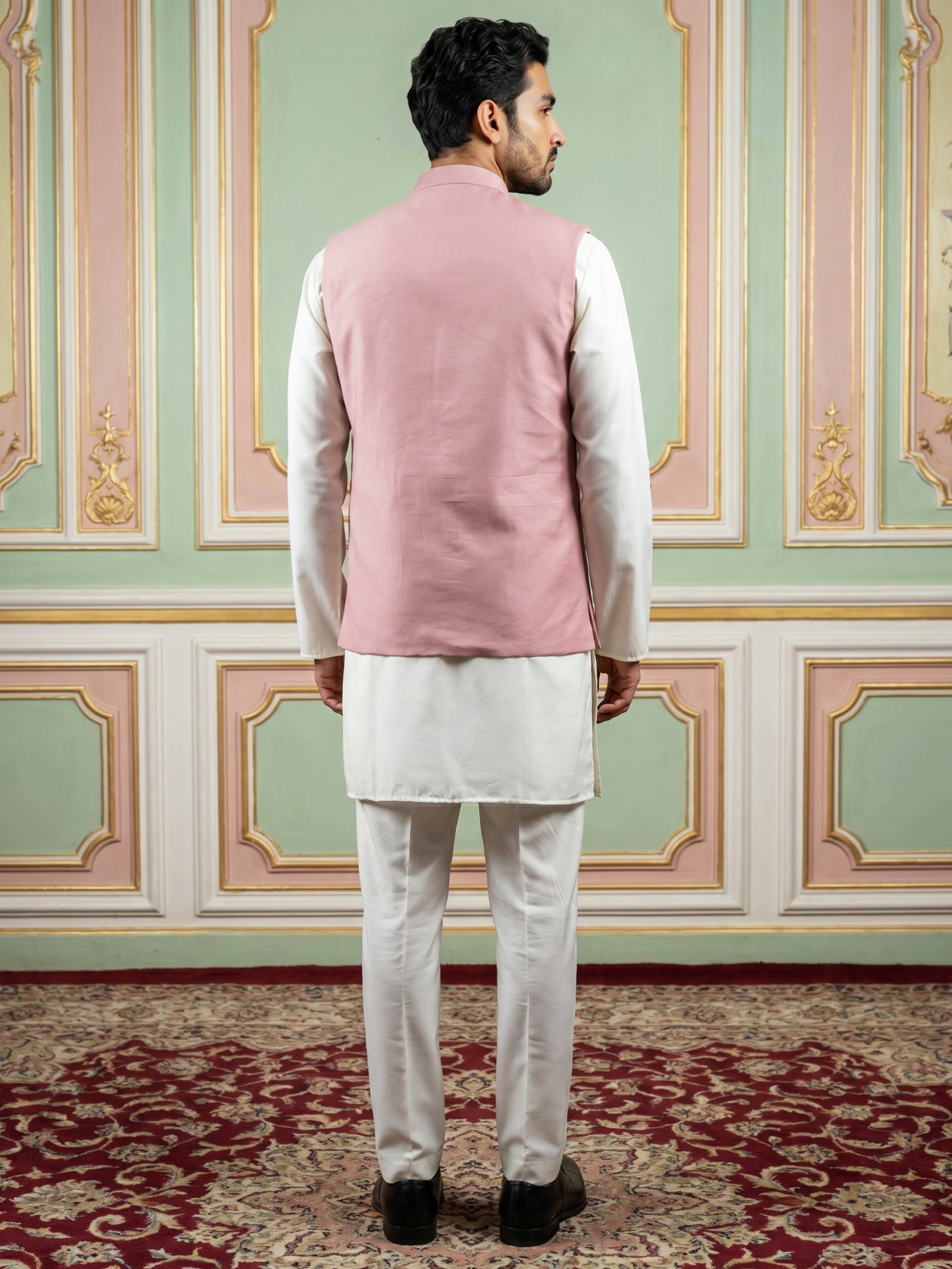 DesiQlo Men Embroidered Nehru Jacket and Kurta Pyjama S - 65 3peach