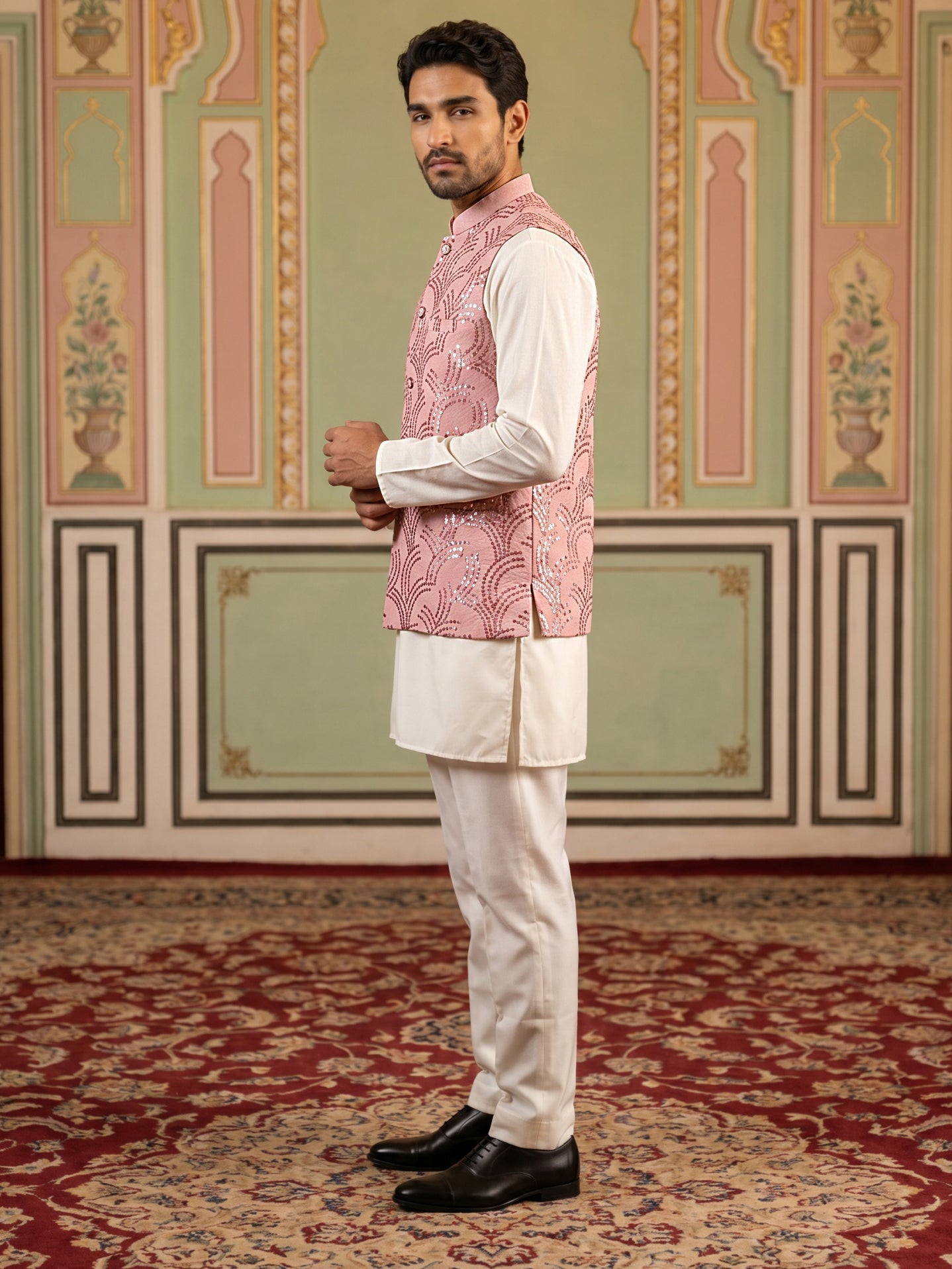 DesiQlo Men Embroidered Nehru Jacket and Kurta Pyjama S - 65 3peach