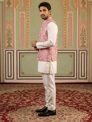 Men's Designer Sequins Nehru Jacket with Kurta Pyjama ( 65KPWC 5586Pe 4173Peach )