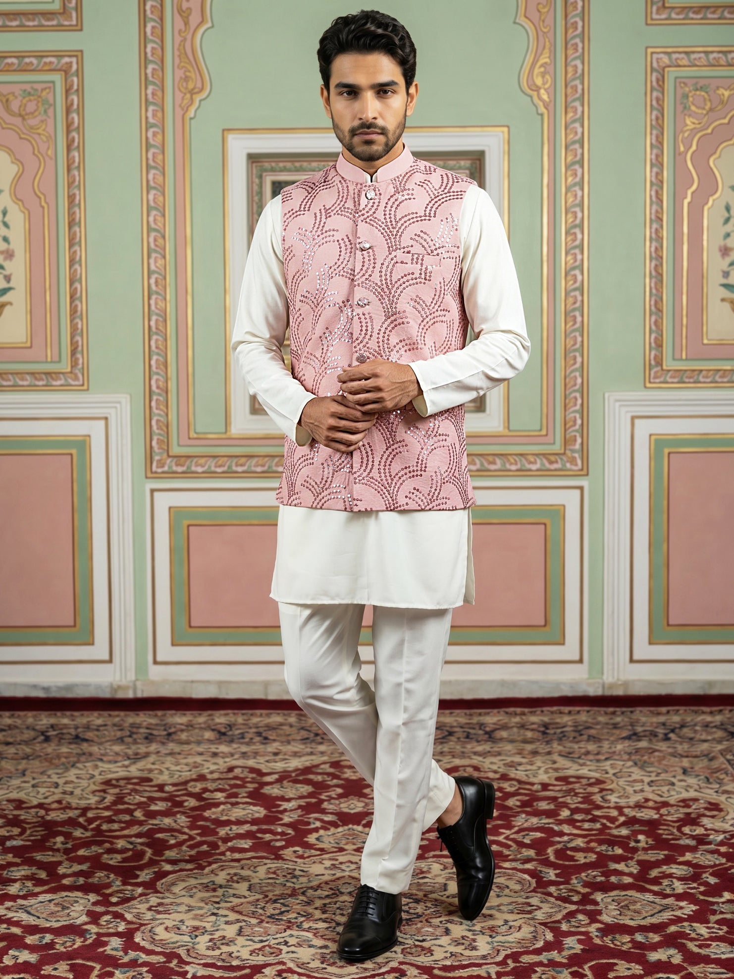 DesiQlo Men Embroidered Nehru Jacket and Kurta Pyjama S - 65 3peach