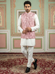 Men's Designer Sequins Nehru Jacket with Kurta Pyjama ( 65KPWC 5586Pe 4173Peach )