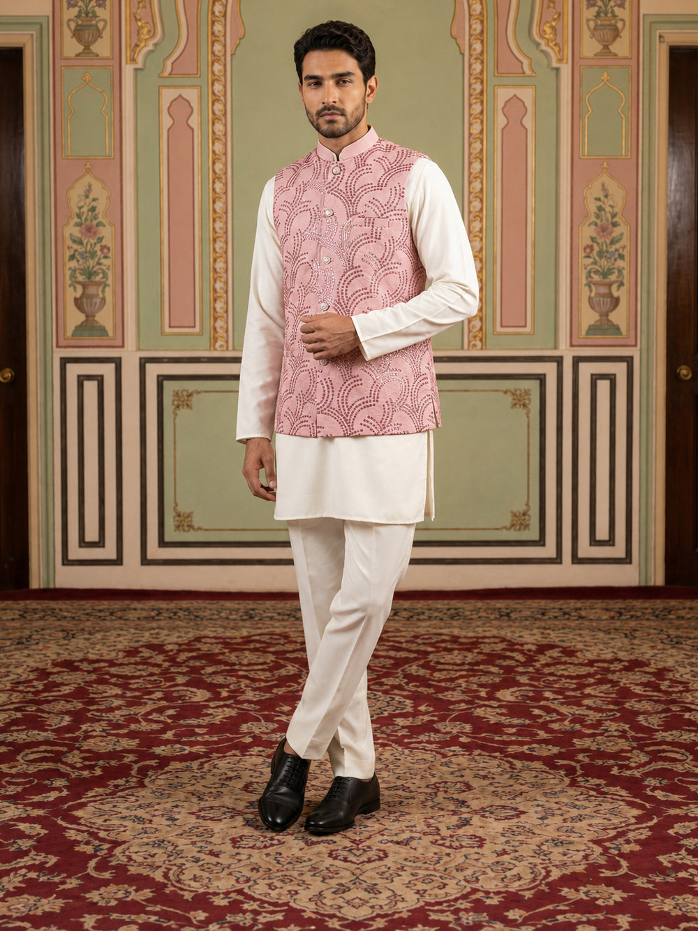DesiQlo Men Embroidered Nehru Jacket and Kurta Pyjama S - 65 3peach