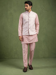 Men Woven Nehru Jacket With Kurta Set ( 65KPWC 5586Pe 4180Peach )