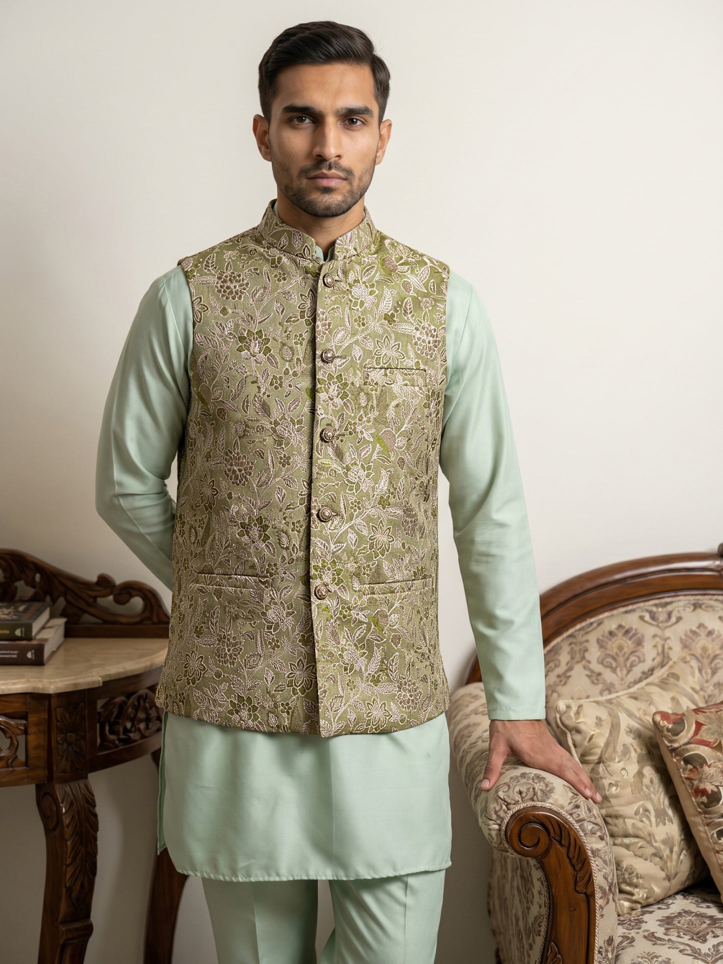 DesiQlo Men Woven Design Nehru Jacket and Kurta Pyjama  - 65 5pis 2