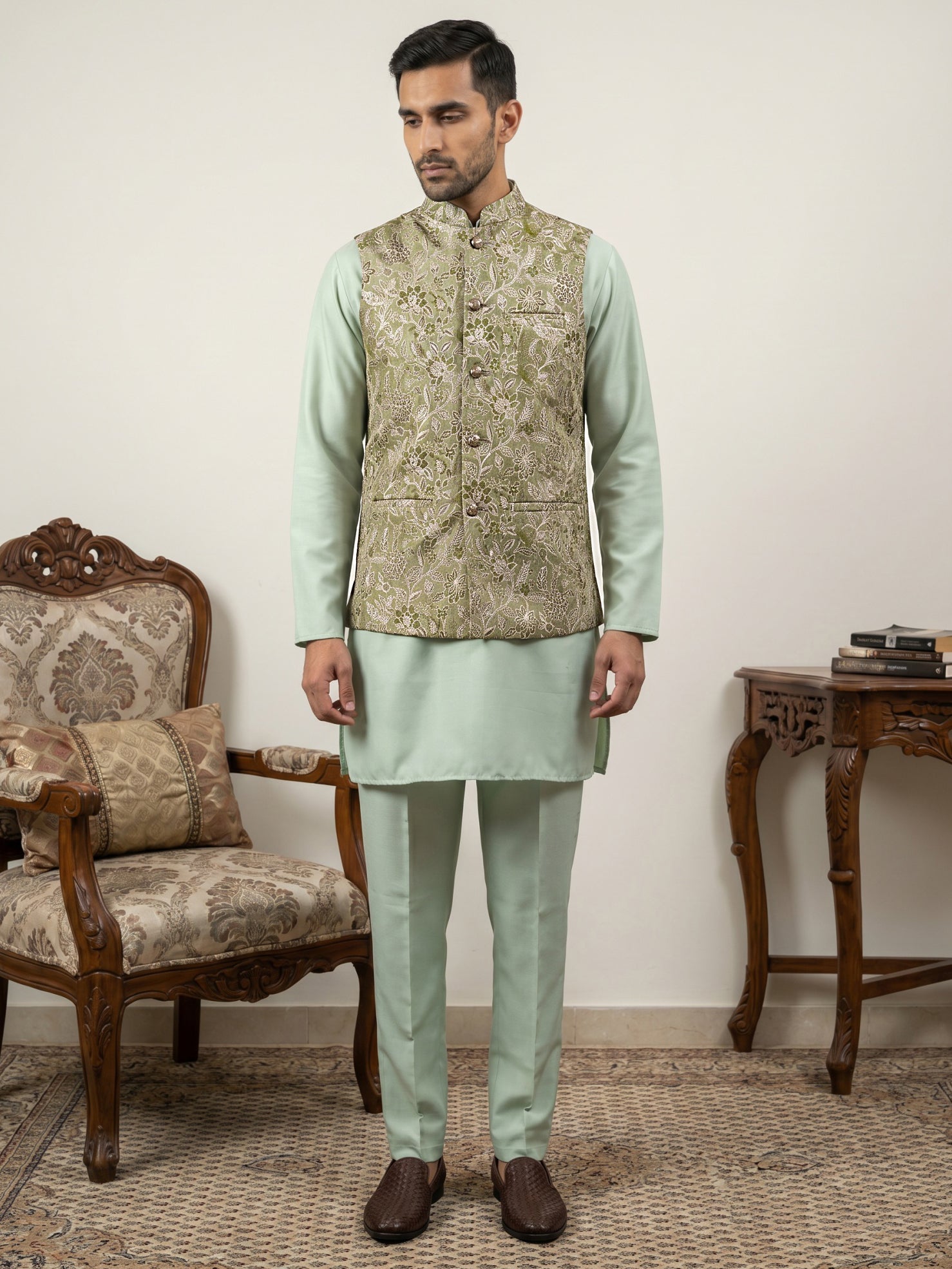 DesiQlo Men Woven Design Nehru Jacket and Kurta Pyjama  - 65 5pis 2