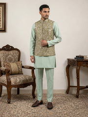 Men's Floral Jacquard Silk Blend Nehru Jacket with Kurta Set ( 65KPWC 5586Pi 4155Pista )