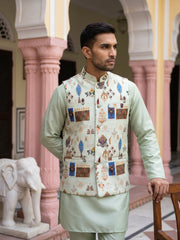 Men Cotton Blend Printed Nehru Jacket with Solid Kurta Set ( 65KPWC 5586Pi 4159Pista )