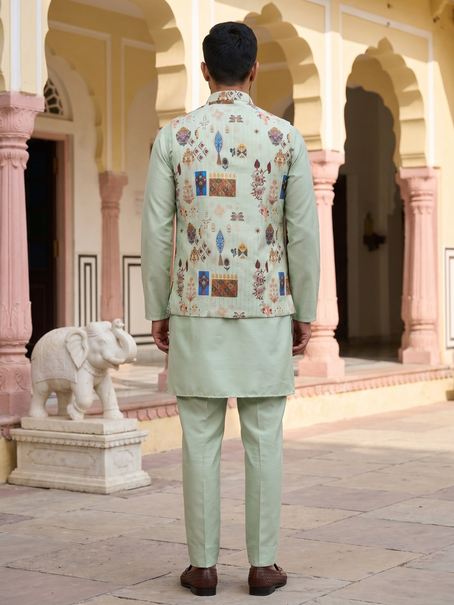 DesiQlo Men Printed Nehru Jacket and Kurta Pyjama Set - - 65 9pista
