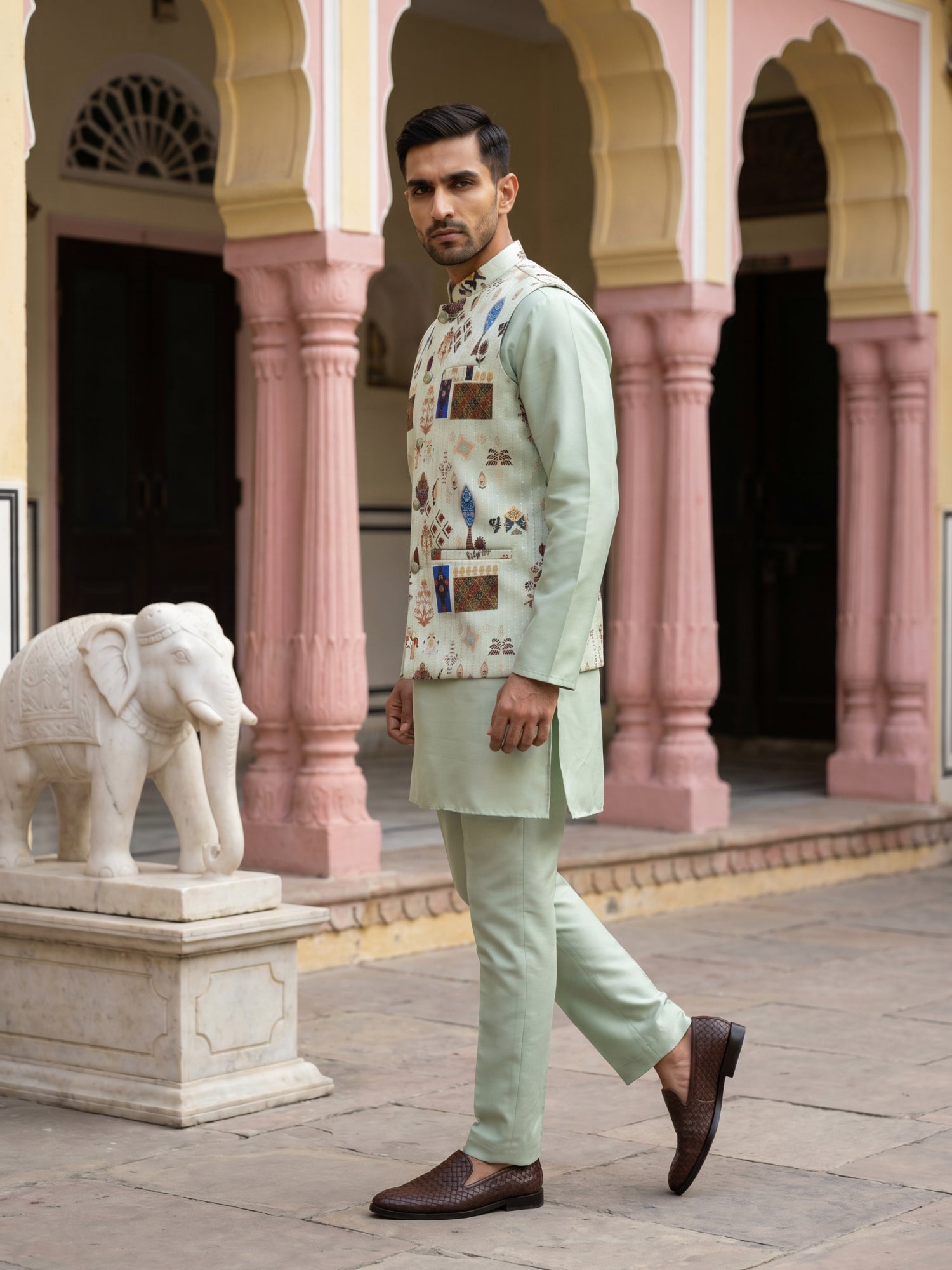 DesiQlo Men Printed Nehru Jacket and Kurta Pyjama Set - - 65 9pista