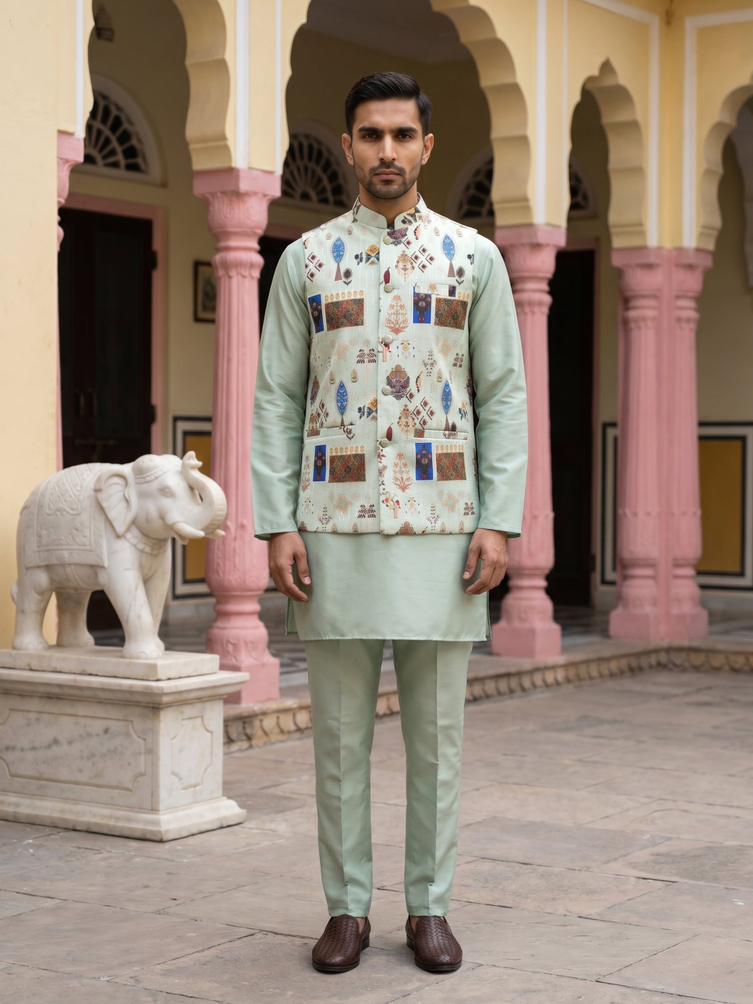 DesiQlo Men Printed Nehru Jacket and Kurta Pyjama Set - - 65 9pista