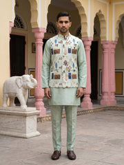 Men Cotton Blend Printed Nehru Jacket with Solid Kurta Set ( 65KPWC 5586Pi 4159Pista )