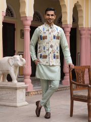Men Cotton Blend Printed Nehru Jacket with Solid Kurta Set ( 65KPWC 5586Pi 4159Pista )