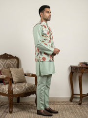 Men's Floral Printed Nehru Jacket with Kurta Pyjama Set ( 65KPWC 5586Pi 4160Pista )