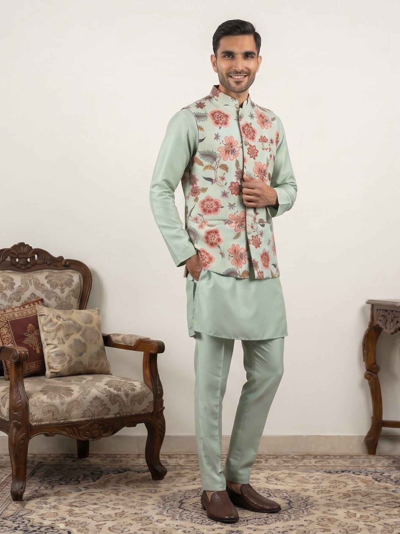 DesiQlo Men Printed Nehru Jacket and Kurta Pyjama Set - - 65 0pista