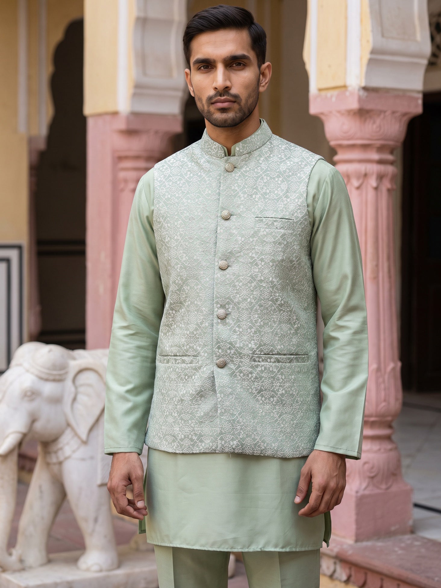 DesiQlo Men Woven Design Nehru Jacket and Kurta Pyjama  - 65 4pista