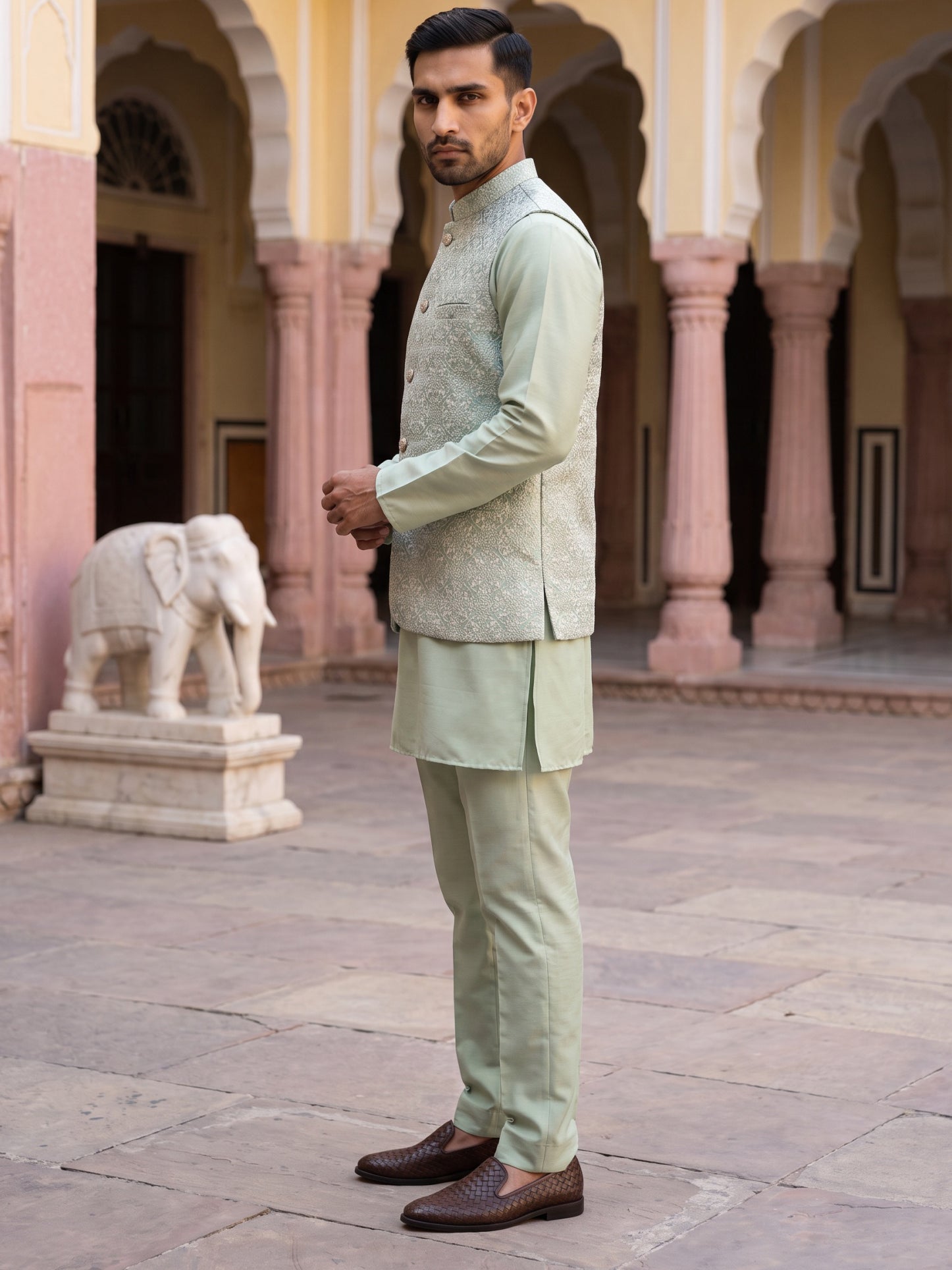 DesiQlo Men Woven Design Nehru Jacket and Kurta Pyjama  - 65 4pista