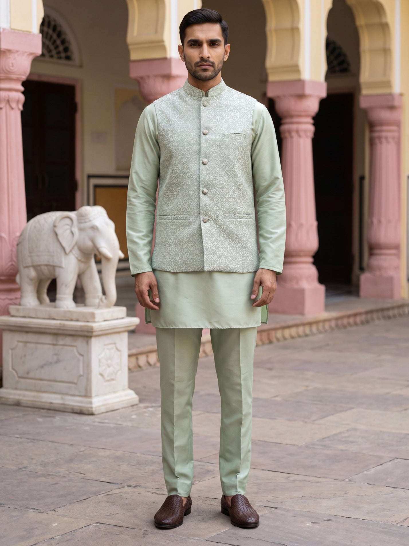DesiQlo Men Woven Design Nehru Jacket and Kurta Pyjama  - 65 4pista